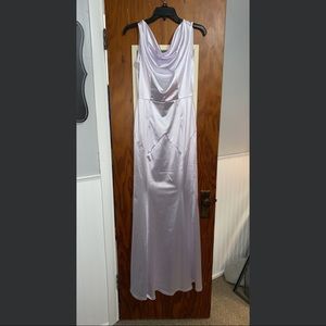 Satin mermaid style white dress with a swoop neck